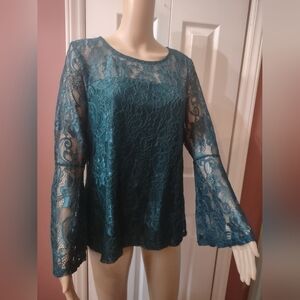 Cure green long sleeve double layered knit blouse shirt top size medium